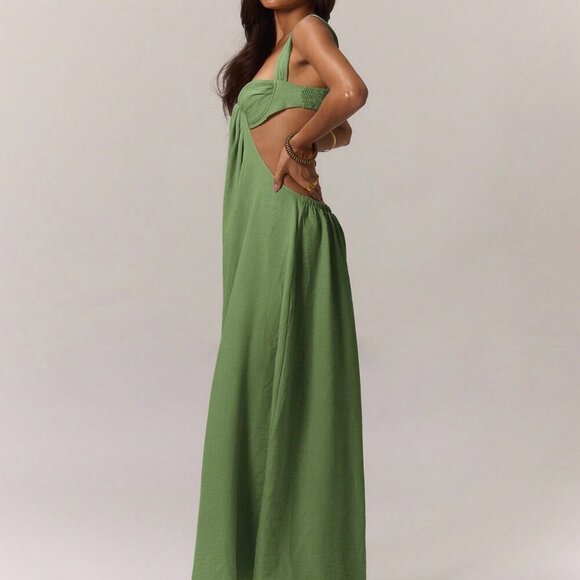 Army Green Casual Women's Boho Ruched Bust Extreme Wide Leg Jumpsuit - Picture 3 of 5